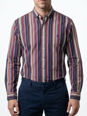 Ralph Lauren Mens Custom Fit Striped Button Down Shirt Multi‎ Color 16 L Cotton